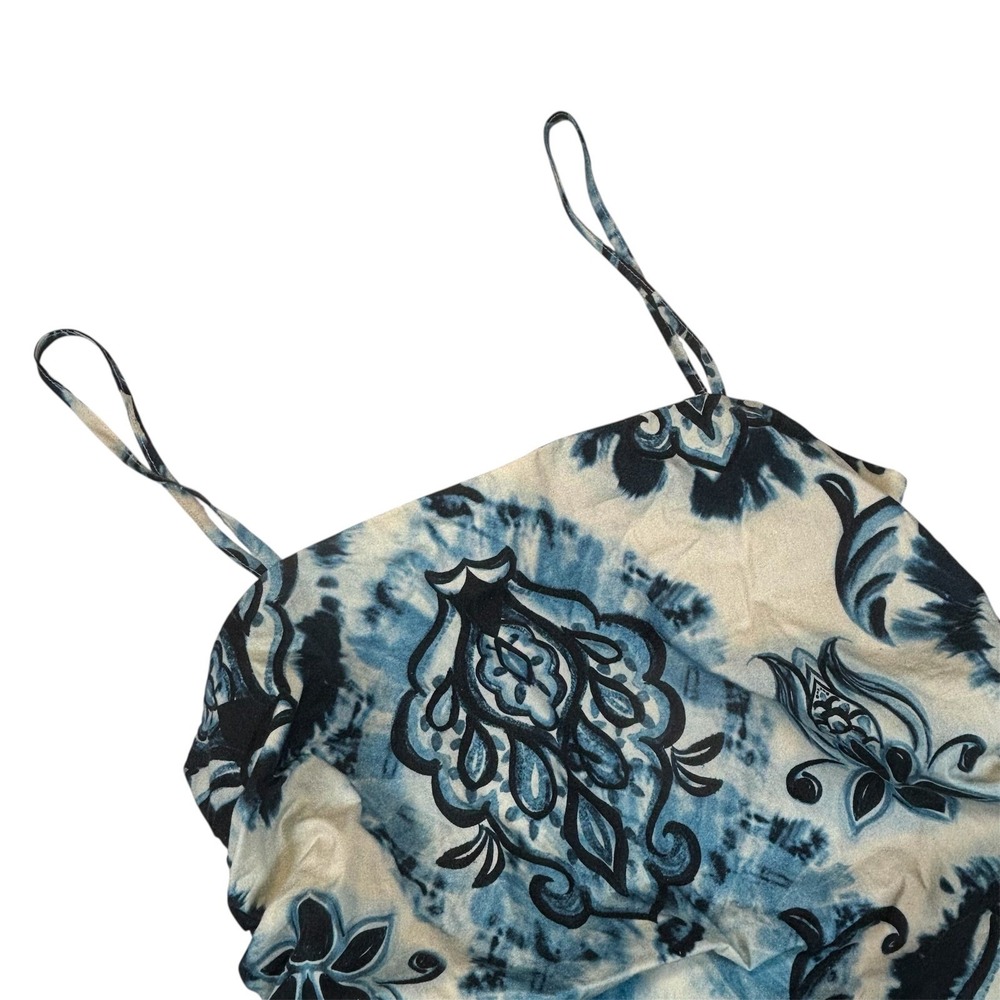 Zara Women M Ruched Sides Cami Top Blue & White Paisley Square Neck Side Zip New - Picture 2 of 10